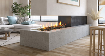 Large fireplace with a 60" linear burner. The clean uninterrupted view of the flame is enhanced by three sides of viewing allowing for the fire to be enjoyed in multiple rooms and is zero clearance for design flexibility.