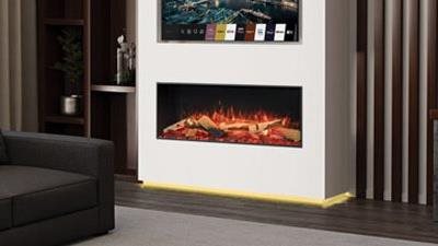 A 43" Medium Premium Electric fireplace with advanced features that can be installed as a 1-sided linear, 2-sided corner, 3-sided bay