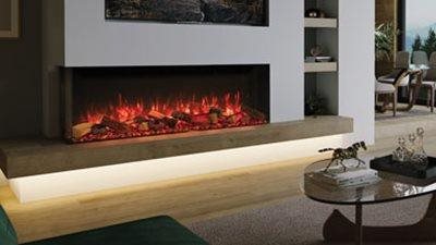 A 59" Large Premium Electric fireplace with advanced features that can be installed as a 1-sided linear, 2-sided corner, 3-sided bay
