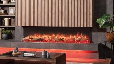 A 75" XL Premium Electric fireplace with advanced features that can be installed as a 1-sided linear, 2-sided corner, 3-sided bay