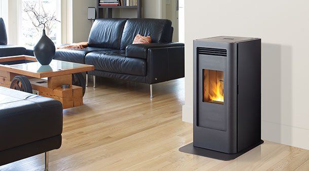 GF40 pellet stove in black with black hearth pad
