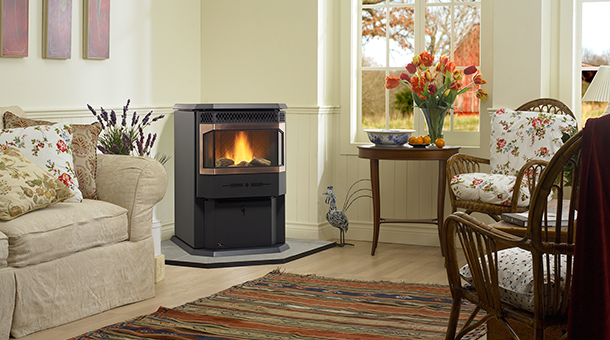 Medium size pellet stove, with a large ceramic bay window.
