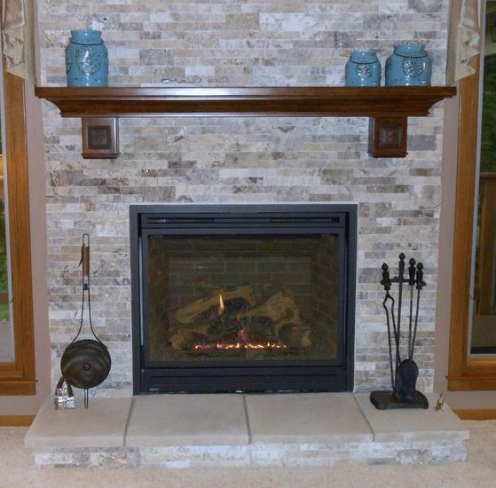 B36XTE gas fireplace, stacked stone & mantel