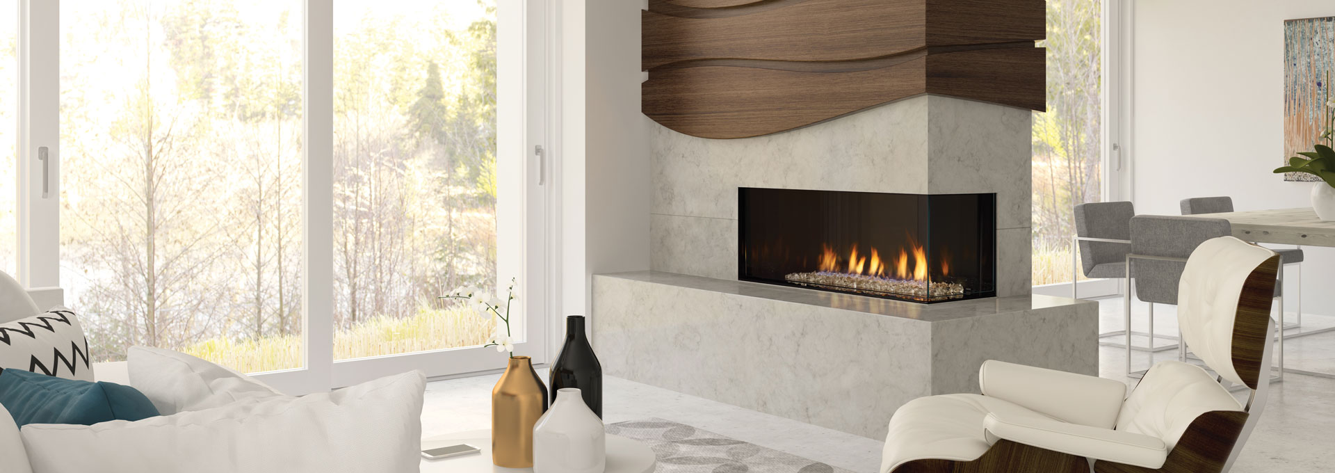 The Regency City Series Chicago Corner Right two sided gas fireplace allows you to have design flexibility creating multiple views from either side of the room.