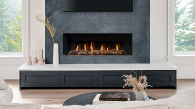 Large fireplace with a 50" linear burner. It has a clean uninterrupted linear view and is zero clearance for design flexibility. Direct Vent and Power Vent are available.