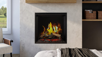 A 36" portrait/square fireplace featuring advanced LCD flame display technology, an ultra-realistic firebed, and an assortment of dynamic fuel effects.