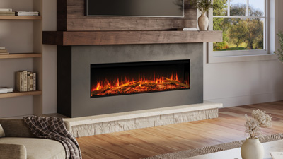 A 64" Large Premium Electric fireplace with advanced features that can be installed as a 1-sided linear, 2-sided corner, 3-sided bay