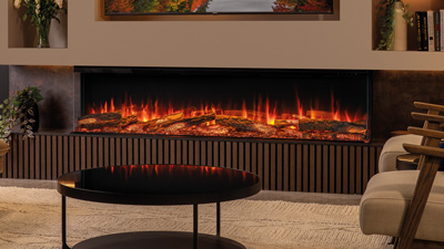 A 75" XL Premium Electric fireplace with advanced features that can be installed as a 1-sided linear, 2-sided corner, 3-sided bay