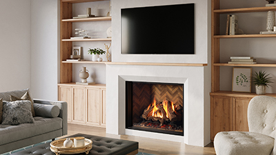 Indoor/Outdoor Extra-Large gas fireplace with Electronic Ignition, Infusion Burner and impressive BTU Output. Get the look you want with Grandview’s mix and match accessories.