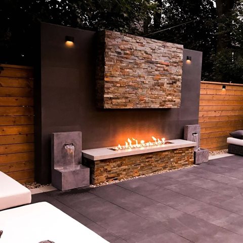 Regency Outdoor Fireplace - Custom Wall Burner on a Patio