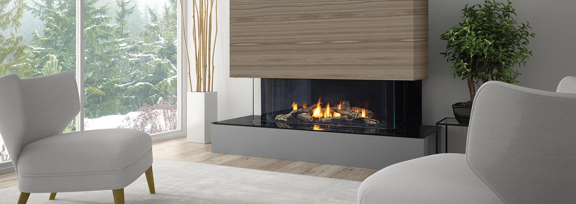 Illustration avec finition en ch&amp;#234;ne Sonoma, panneaux vitr&amp;#233;s r&amp;#233;fl&amp;#233;chissants et jeu de b&amp;#251;ches imitation bois de gr&amp;#232;ve.