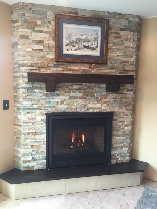 Regency P36 Gas Fireplace, stacked stone & mantel