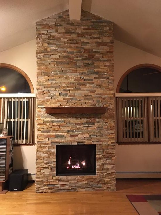 Bellavista B36XTCE gas fireplace, stacked stone wall & mantel